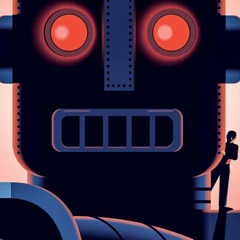 graphic image of a robot backlit so its face is dark and accentuates its glowing red eyes